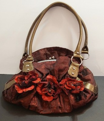 Burgundy & Gold Floral Satchel Top Handle Bag Ruffle Accents Clasp Lined