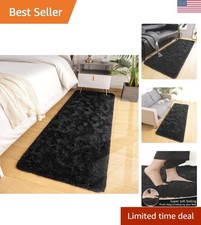 Luxurious Fluffy Black Runner Rug, 2' x 4', Perfect for Hallways Bedrooms