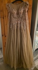 Champagne Gold Embellished Gown Wedding Guest Dress Evening Formal Maxi Size M
