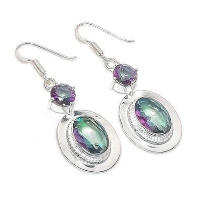 Mystic Topaz Gemstone Handmade 925 Sterling Silver Jewelry Earrings Size 2''
