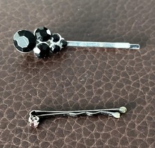 Vintage Hair Barrette Bobby Pin Black Pink Rhinestone Flower