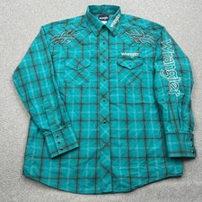 Wrangler Western Rodeo Shirt Mens Large Teal Plaid Embroidered Logo Pearl Snap