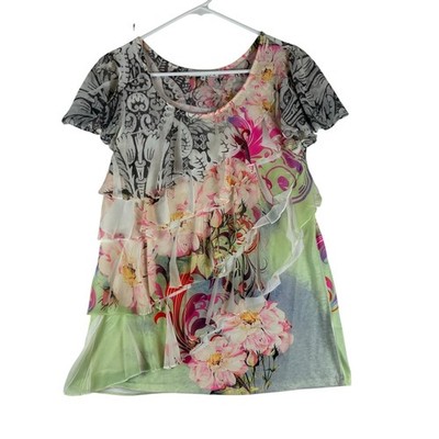 Claudia Richard Layered Ruffle Fairy Top Women s Medium Y2K Mixed Print READ