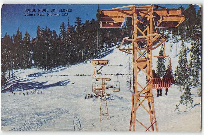 DODGE RIDGE SKI SLOPES Sonora Pass, CA Skiing 1950s Chrome Vintage Postcard