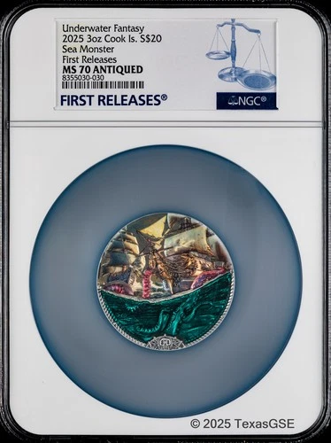 2025 Cook Islands 3oz Silver $20 Underwater Fantasy - Sea Monster NGC MS70 FR