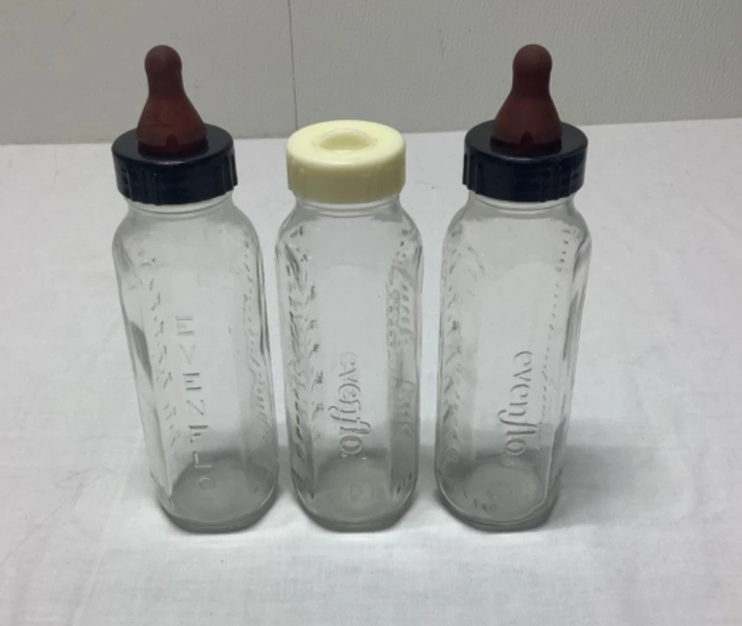 3 Vintage Evenflo Baby Bottle Clear Glass Nurser 8 Oz. lot nipples