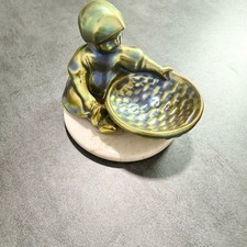 Vintage Zsolnay Hungary Eosin Iridescent Green Child Figurine Ring Dish Tray