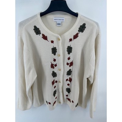 Croft & Barrow Cardigan Women Large Cream Excellent Embroidered Fall Leaves