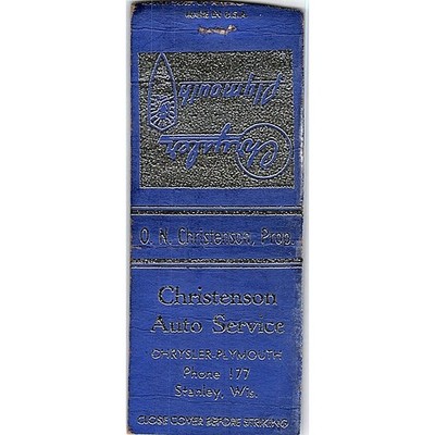 O.N. Christienson Auto Service Chrysler Plymouth Stanley Matchbook Cover MB61-6