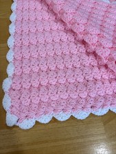 Handmade Crochet Pink White Edge Square Baby Blanket Afghan Soft Feel NEW 35x32  
