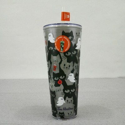 Tim Hortons Tumbler Glow In The Dark Black Cat Ghost 24oz 2025 Halloween Canada