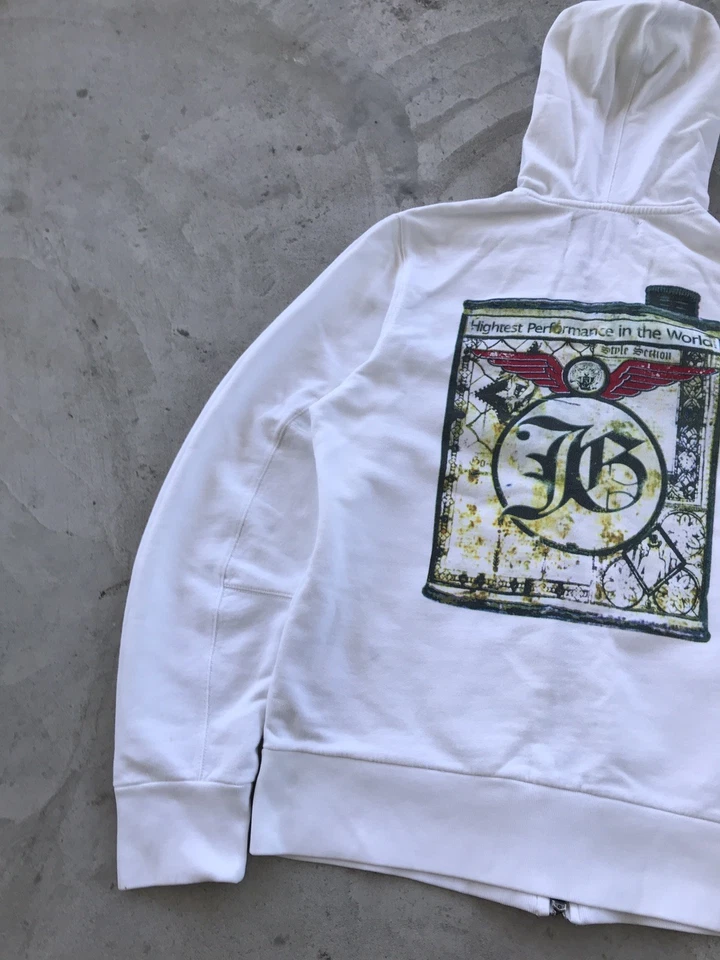 Sudadera con capucha vintage con cremallera John Galliano estampado grande para mujer blanca S Foto 3 de 4