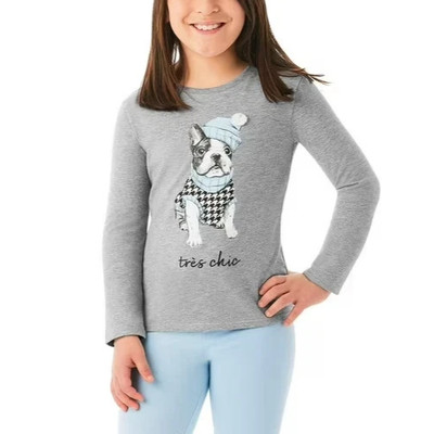 Member's Mark Girl's  Long Sleeve Graphic Tee Gray Dog Tres Chic S 6/6X