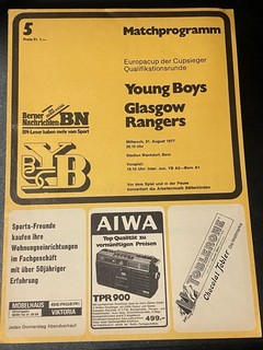 Young Boys Berne v Glasgow Rangers ECWC 31st August 1977 Programme