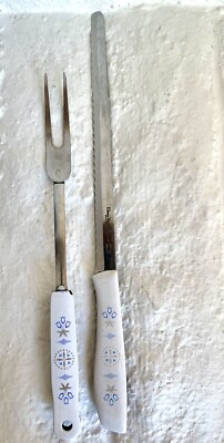 Vtg EKCO Vanadium Stainless Serrated Knife & Carving Fork Dutch Blue Tulip