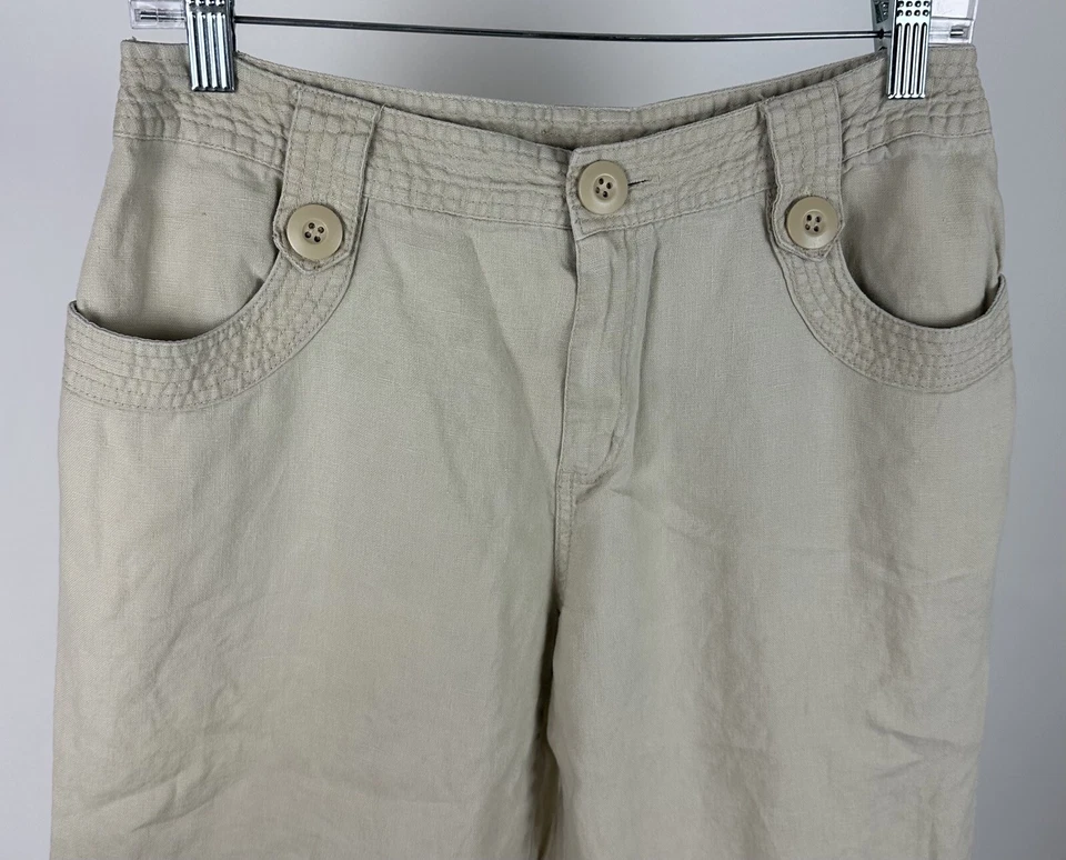 Vintage 90s Y2K Linen Pants 6 / S Beige Wide Leg Trouser Big Buttons Neutral  - Image 2 of 4