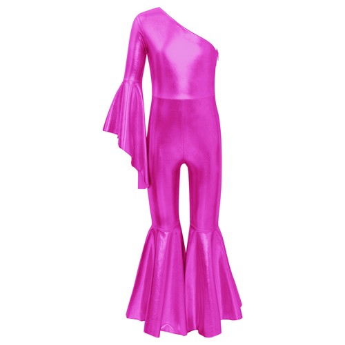 AU Girls Shiny Metallic One Shoulder Catsuit Bell Bottom Jumpsuit Dancewear - Picture 43 of 55
