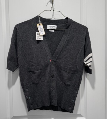Thom Browne Short Sleeve V Neck Cardigan Cashmere Size 2 Med Grey
