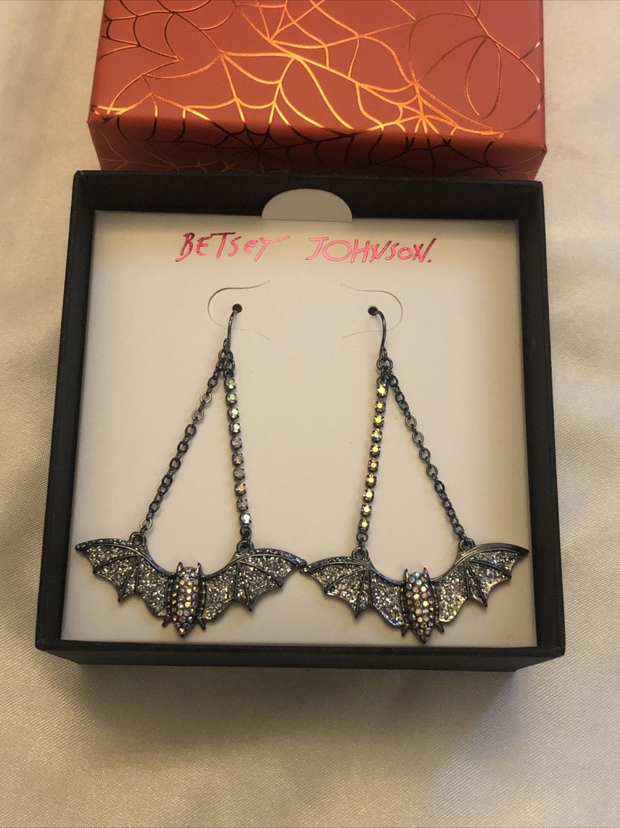 Betsey Johnson Silver Tone Dangling Bat Earrings With Crystal