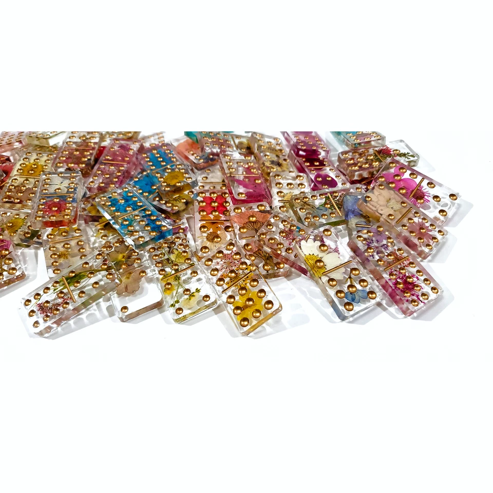 Handmade Resin Art Dried Pressed Flowers Transparent Clear Domino Double 12 Set - Image 3 of 4