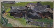 Ukrainian Soviet Oil Painting cubism postimpressionism architecture hut hamlet