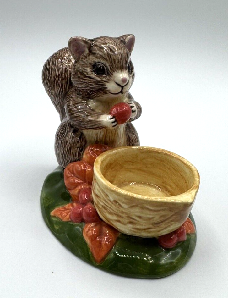 Ceramic Squirrel Figurine with Nut & Bowl Fall Decor votive holder trinket dish