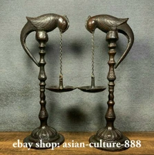 10" Bronze Dynasty Palace Bird parrot poll parrot popinjay oil lamp Statue Pair