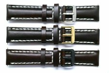 20mm Brown Leather Thick Stitching Watch Strap Silver, Gold, Black Tone Buckle