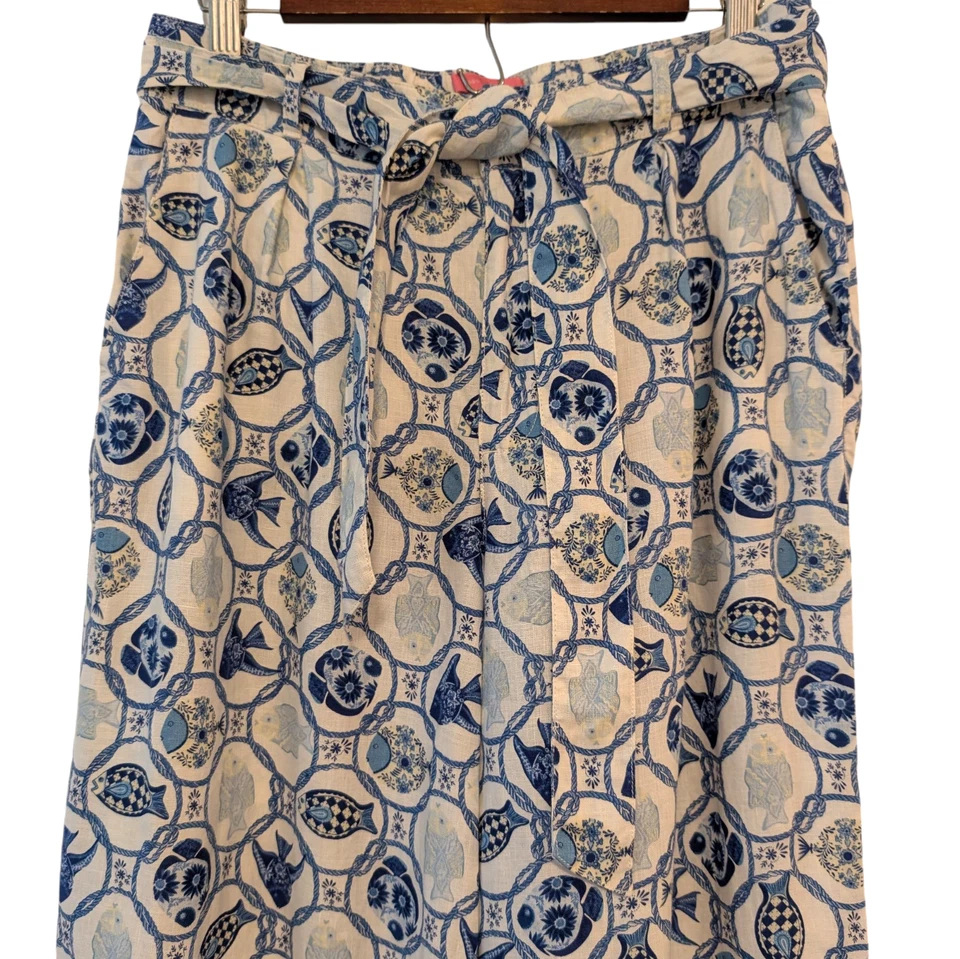 Issac Mizrahi Womens Sz M Blue Fish 100% Linen Wide Straight Belt Beachy Pants - Image 4 of 4