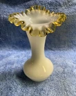 VTG Fenton Art Gold Crest Yellow White Milk Glass Ruffle Vase 8"