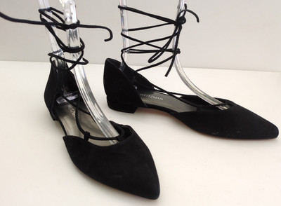 Stuart Weitzman Gilligan Black Suede D'Orsay Lace Up Ballet Flats SZ 9.5   (KS9)