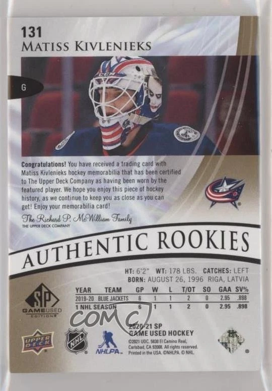 2020 SP Game Used Authentic Rookies Gold /65 Matiss Kivlenieks Rookie Patch RC - Image 2 of 2