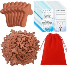 100 Sets Small Olive Wood Holding Cross Mini Pocket Crosses with Prayer Cards Gi