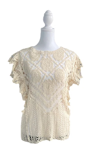 OFF WHITE Top Anthropologie blu nappa uncinetto manica a farfalla donna S Off White Boho