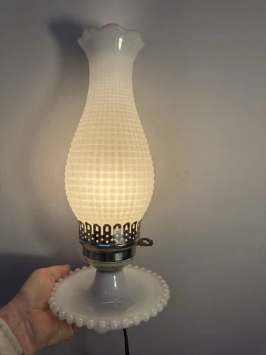 Vintage Hobnail Milk Glass Electric Hurricane Lamp 13” Table Lamp White