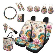 Car Seat Cover Full Set for Women Hippie Steering Wheel Dragonfly Blossom