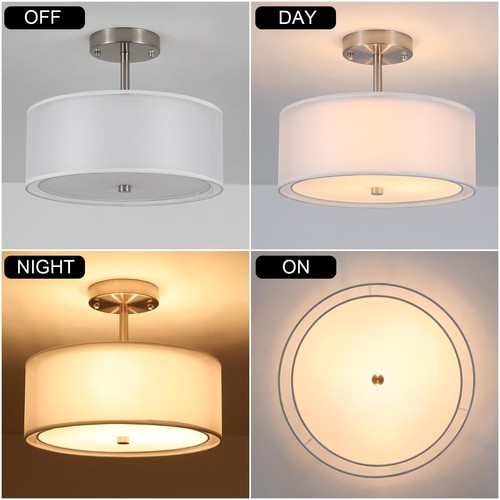 3-Light Fabric Drum Ceiling Lighting with Double Fabric Shade, 12.59 Inches S... - 第 2/7 張圖片