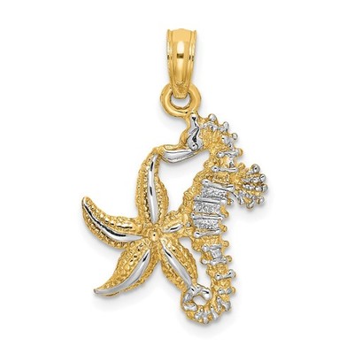 14K mit weißem Rhodium Seestern und Seepferdchen Bettelarmband Halskette
