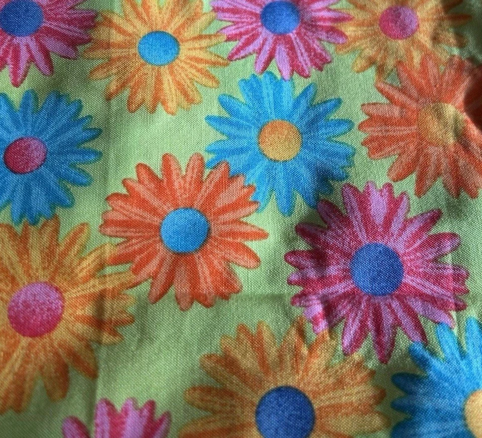 Daisy Blue Orange Flowers On Lime Green Quilting & Sewing Cotton Fabric 45”x1 Yd - Image 3 of 4