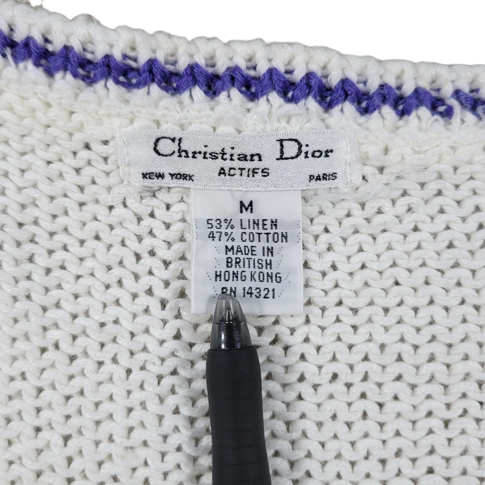 Suéter De Colección Christian Dior Tejido Para Mujer M Blanco Lino Algodón Tenis Preparación Botón Foto 3 de 4