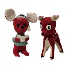 Vtg Christmas Dakin Dream Pets Red w White Dots Reindeer Ebeneezer Mouse Japan