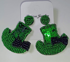 ST. Patrick's day SHAMROCK LEPRECHAUN HAT Bead Felt Dangle Earrings NEW Handmade