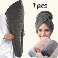 1pc Solid Color Absorbent Hair Towel Wrap Button Design Quick Dry Turban Cap