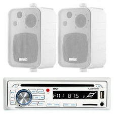 Pyle CD Player White Marine AM/FM Radio Player USB Input +Pair of Box Speakers