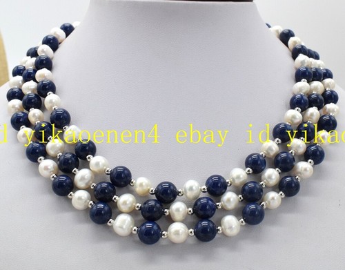 3 Row 7-8mm Freshwater White Pearl 8mm Blue Round Lapis lazuli Necklace 18-20'' - Picture 5 of 12