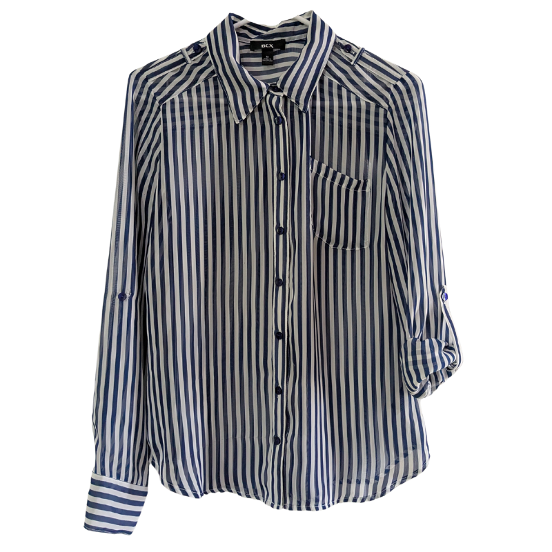 BCX Women's Sheer Striped Blouse Blue White, Size M, Long Sleeve, Button Front