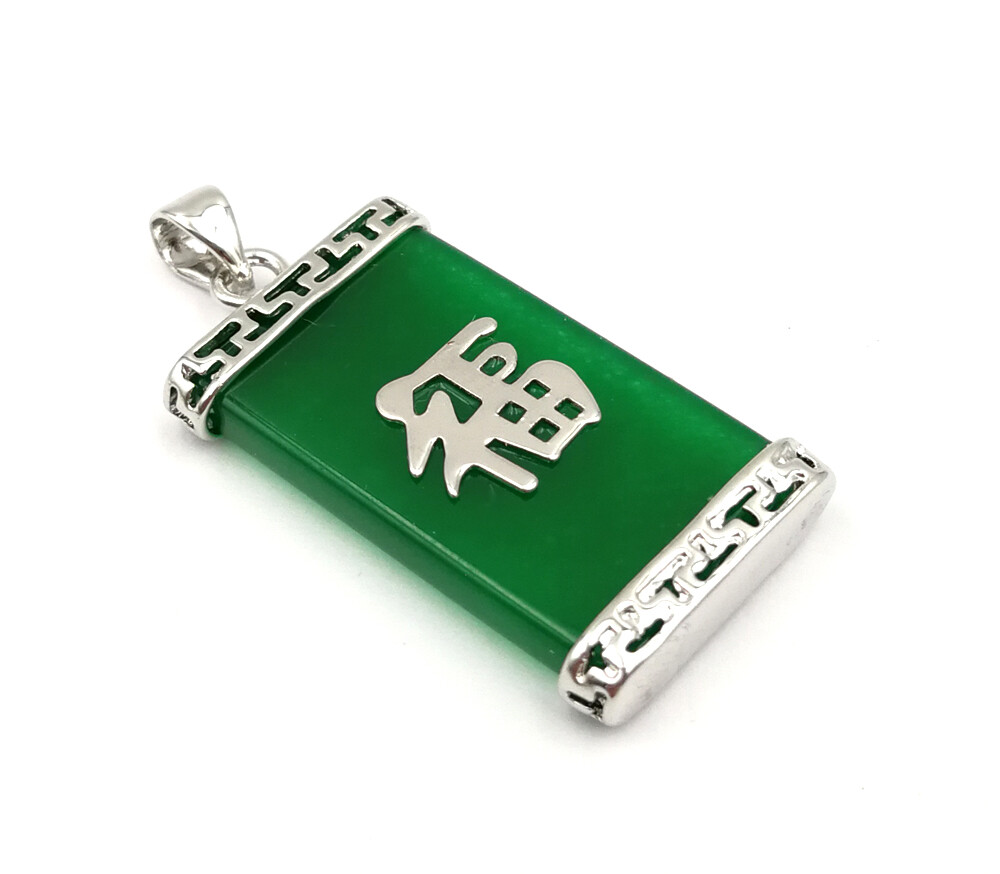 Green Multicolor Genuine Jade Blessing Fortune 18KGP Rectangle