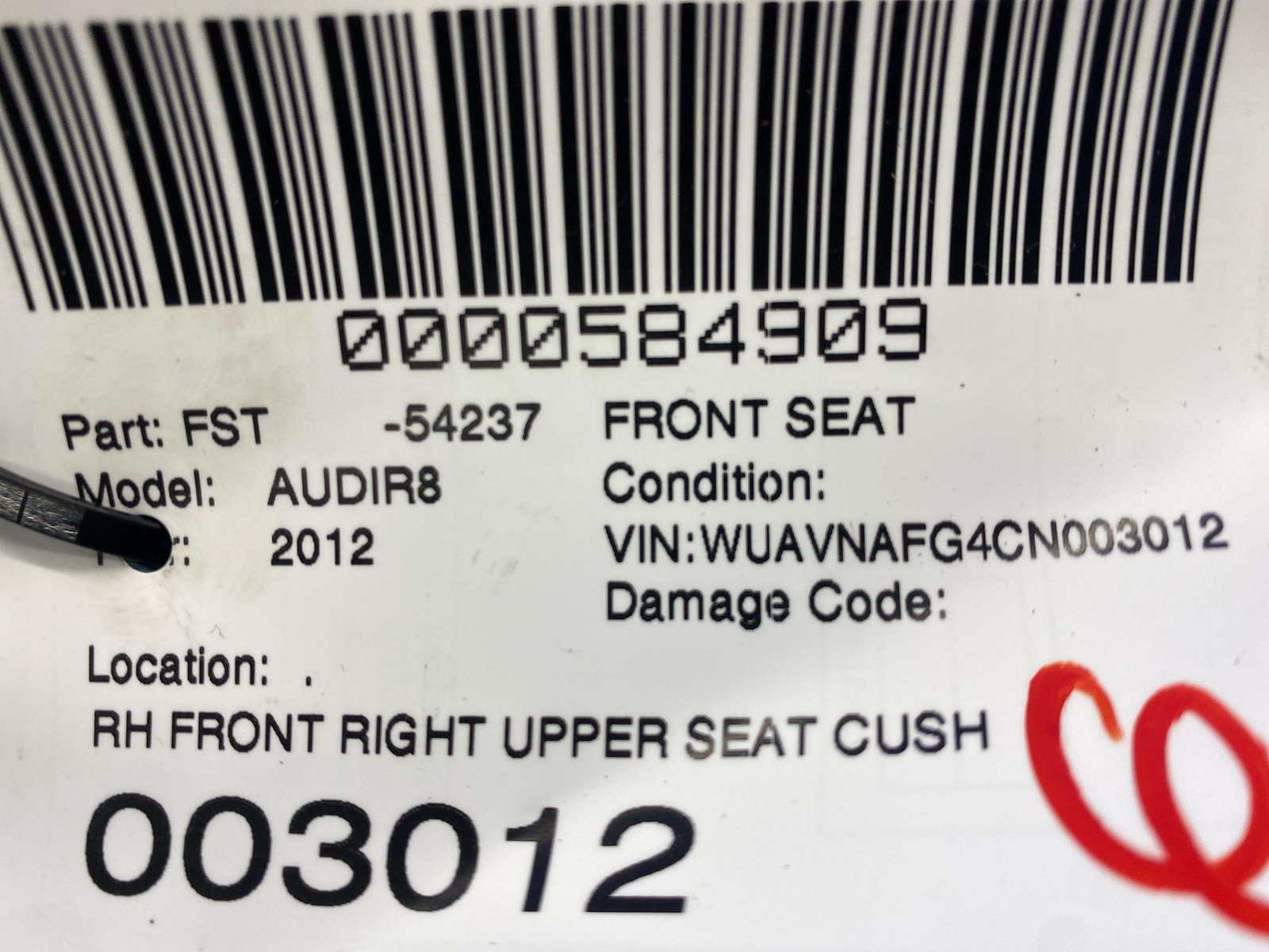 2011 2012 2013 AUDI R8 FRONT RIGHT UPPER SEAT CUSHION RED *WEAR*