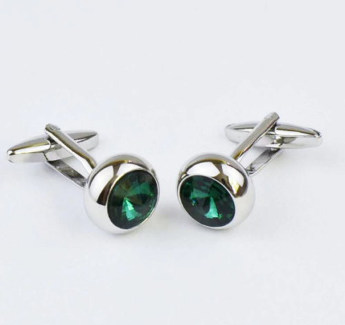 Genuine Full Round Cut Green Emerald In 925 Sterling Silver Solitaire Cufflinks - Picture 1 of 5