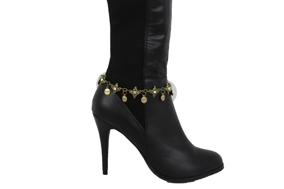 Pulseira bota corrente metal ouro antigo feminino sapato feliz charme bling bead - Imagem 2 de 4